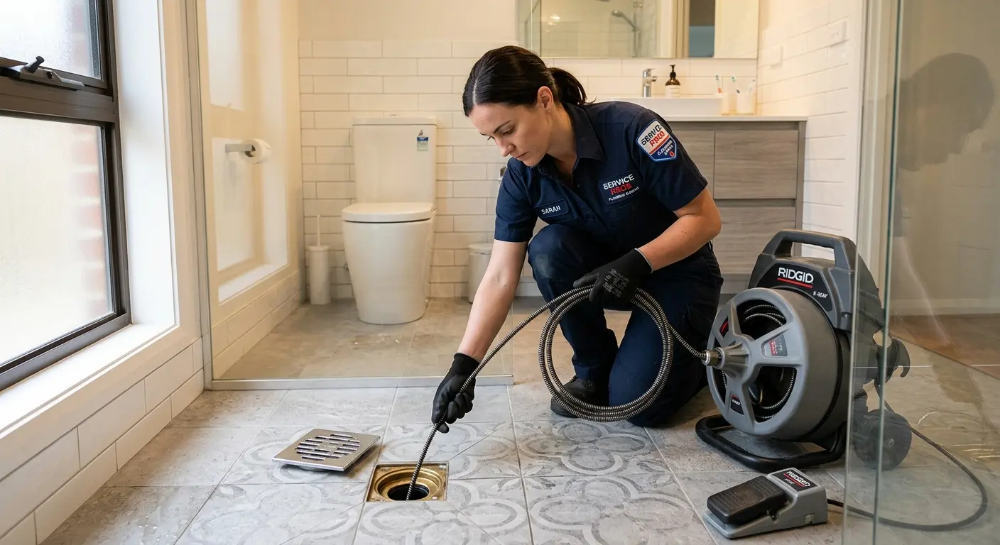 Technician clearing a bathroom floor drain for Drain Cleaning in Miramar